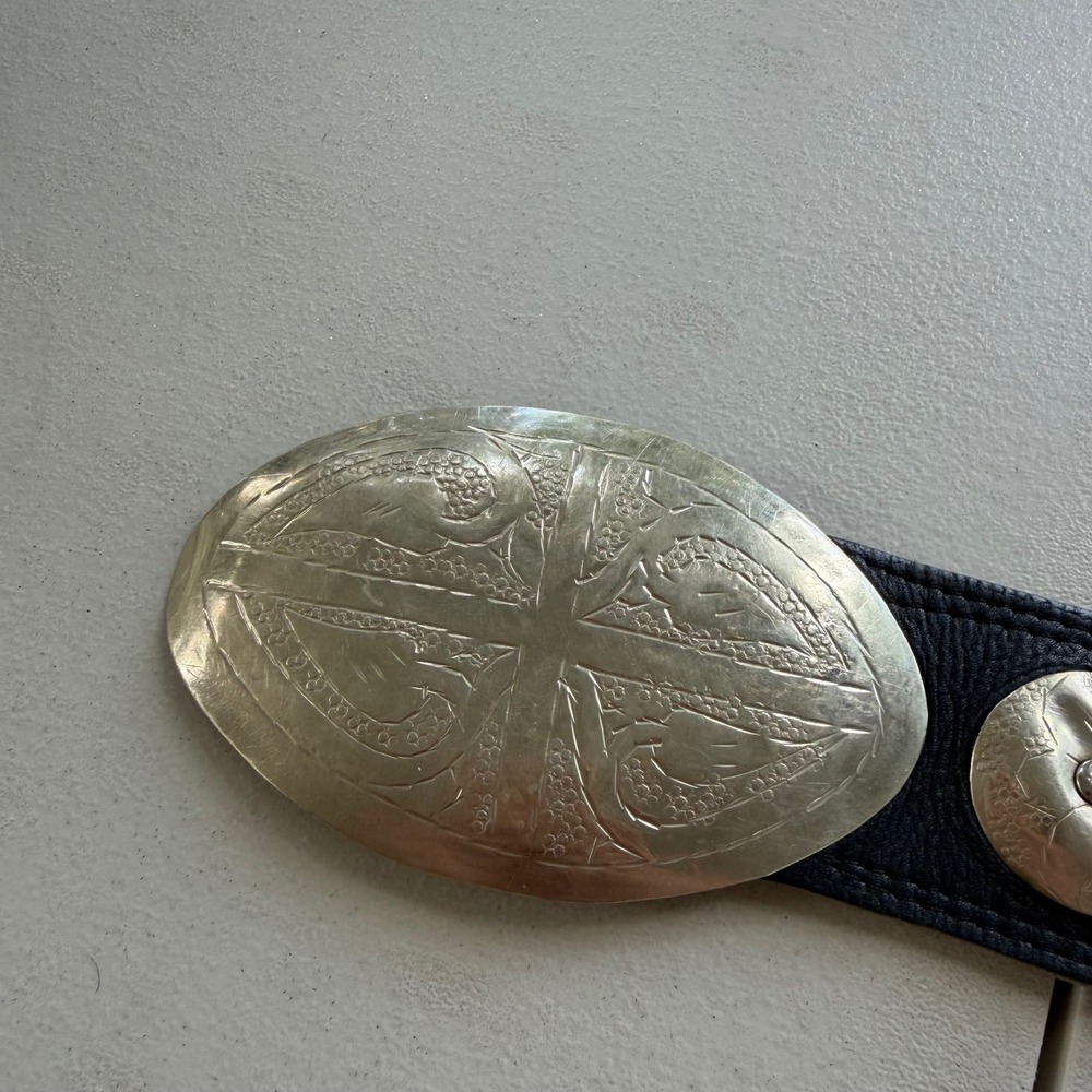 Vintage 1980s Black Genuine Leather Moroccan Concho Waist Belt Wide Silver Tone - Picture 9 of 15